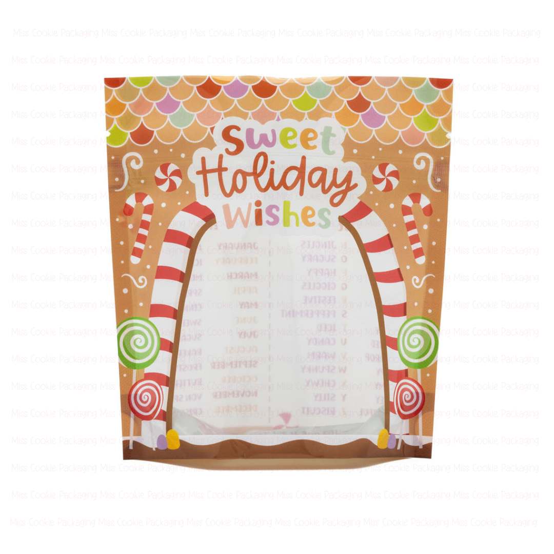 SMALL "Sweet Holiday Wishes" Cookie Pouches – 5.5" x 6" x 2" Cookie Packaging Stand Up Pouch - 10 Pouches