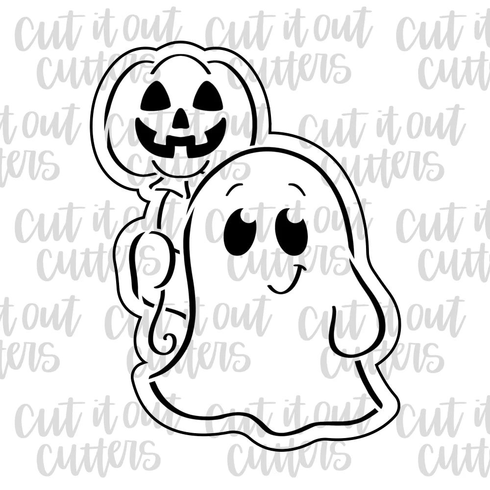 PYO Ghost with Pumpkin Balloon Cookie Cutter & Stencil Combo - 3.5"