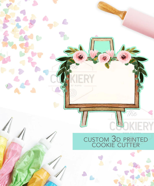 Floral Wooden Sign Cookie Cutter, Wooden Stand Cookie Cutter - Wooden Easel Cookie Cutter - 3.5"