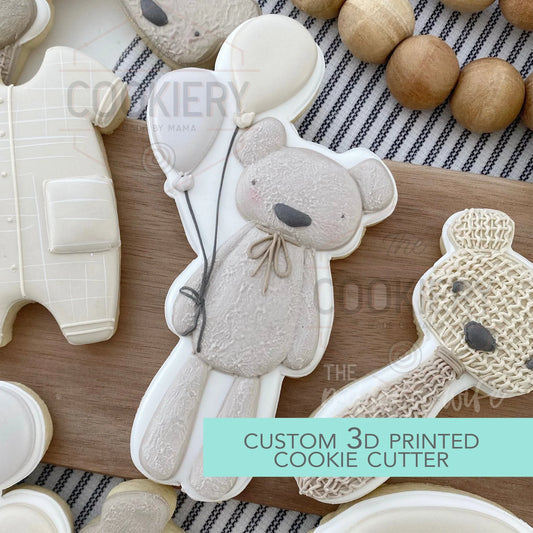 Tall Skinny Teddy Bear with Balloons Cookie Cutter - Baby Bear Cookie, Baby Shower Cookie - 4.5"